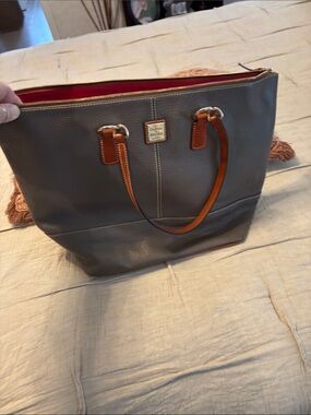 Dooney & Bourke Gray Leather Tote with Tan Handles and Red Interior